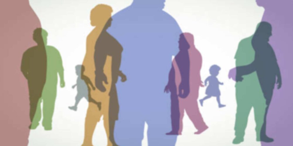 This image illustrates obesity by showing distinct silhouettes reflecting the varied shapes and sizes of obese individuals, walking and standing.