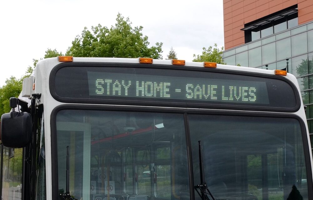A bus in Portland (USA) with the slogan ‘Stay Home – Save Lives’ during the COVID-19 pandemic in May 2020