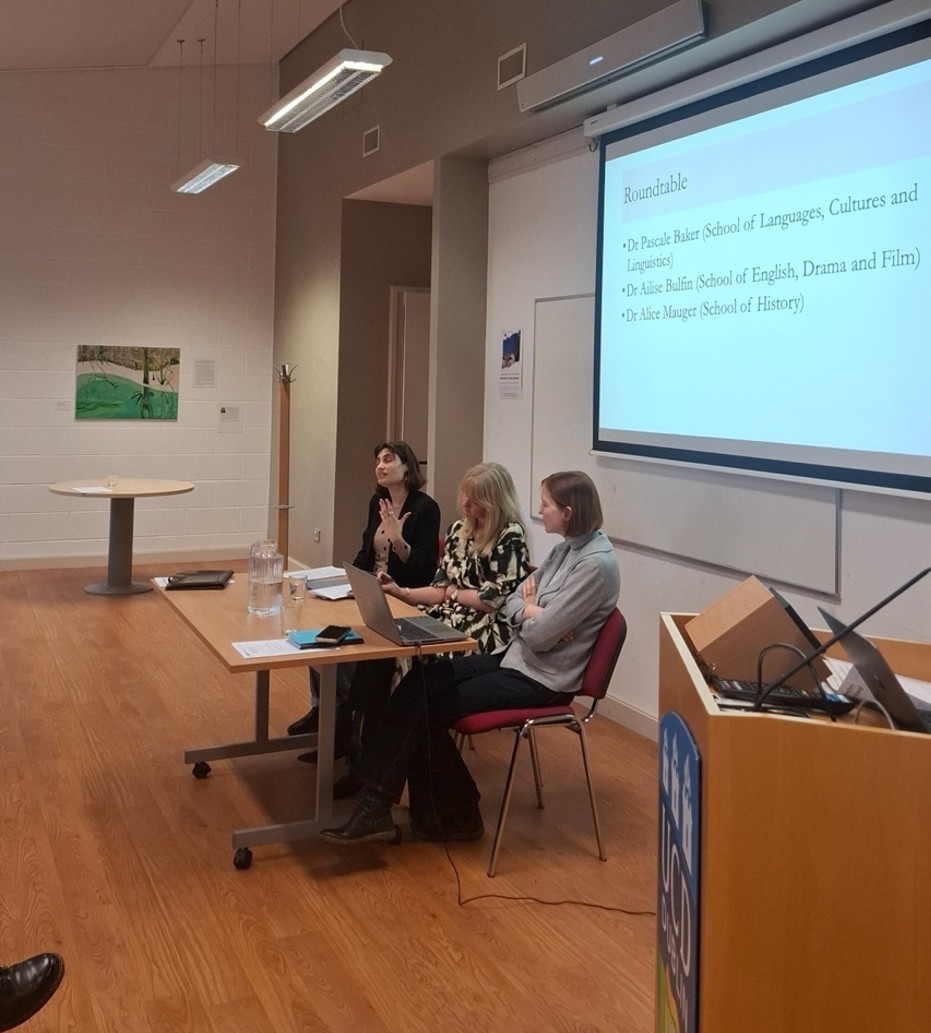 Dr Pascale Baker, Dr Alice Mauger, and Dr Ailise Bulfin speaking on a roundtable as part of the ‘Violence, Health, and the (Health) Humanities’ workshop at UCD